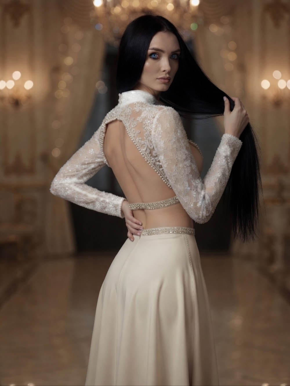 Sherri Hill Size 00 White Pearl Beaded Lace Open Back Cropped Prom Top High Neck - Picture 3 of 14